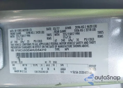 2017 Ford Escape Se из США, поврежденный, VIN 1FMCU0GD4HUD54310